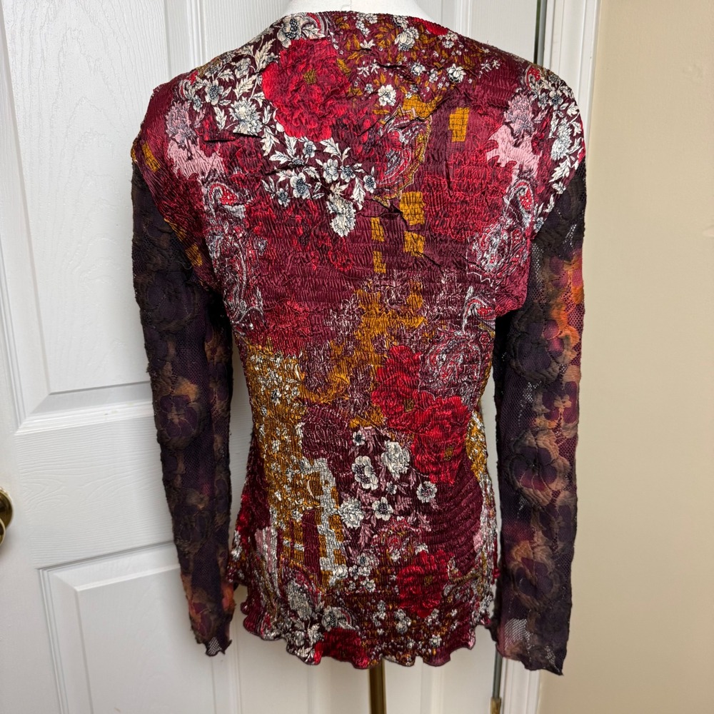 Alberto Makali Womens Red Paisley Floral Sequin Lace Zip Front Top Large - Picture 2 of 9